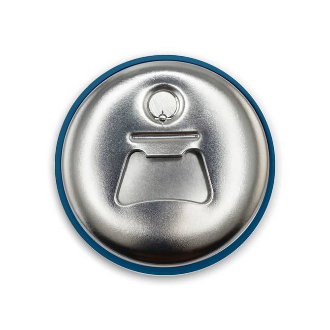 A drink bottle opener with a silver metallic finish and a blue rim, featuring a circular design and opener cut-out.