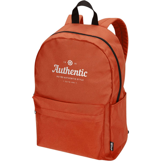 An orange laptop backpack with a front pocket and a brand logo on the front. Features black shoulder straps.