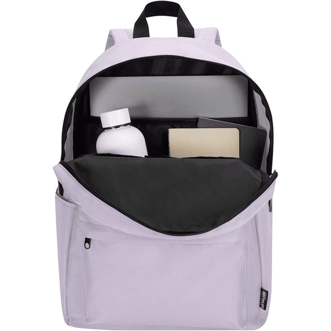 A light purple laptop backpack with a spacious interior, featuring a drink bottle and a notebook. Includes a logo detail.