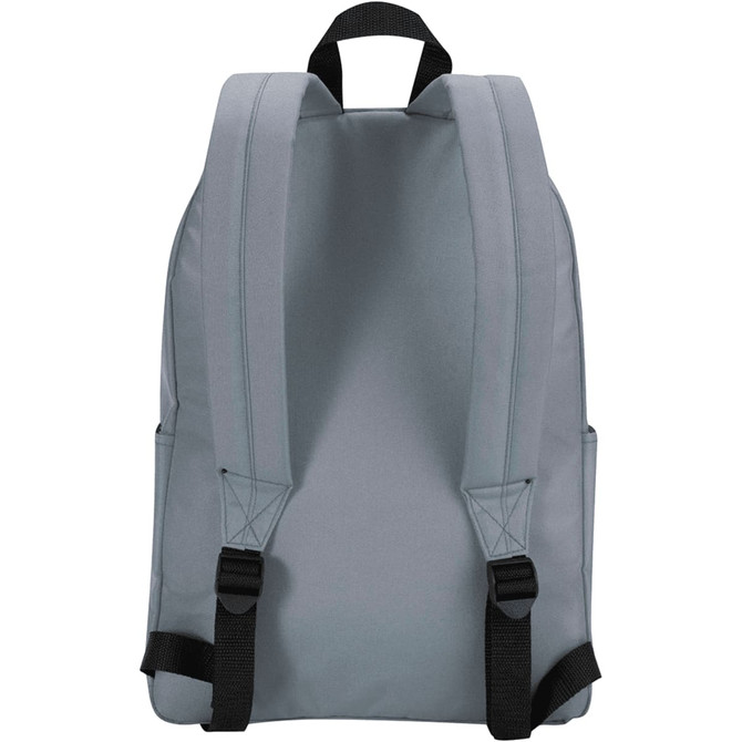 A grey laptop backpack with padded shoulder straps and a simple design, featuring a side logo.