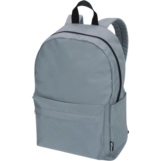 A grey laptop backpack with a main compartment and front pocket, featuring a logo on one side.