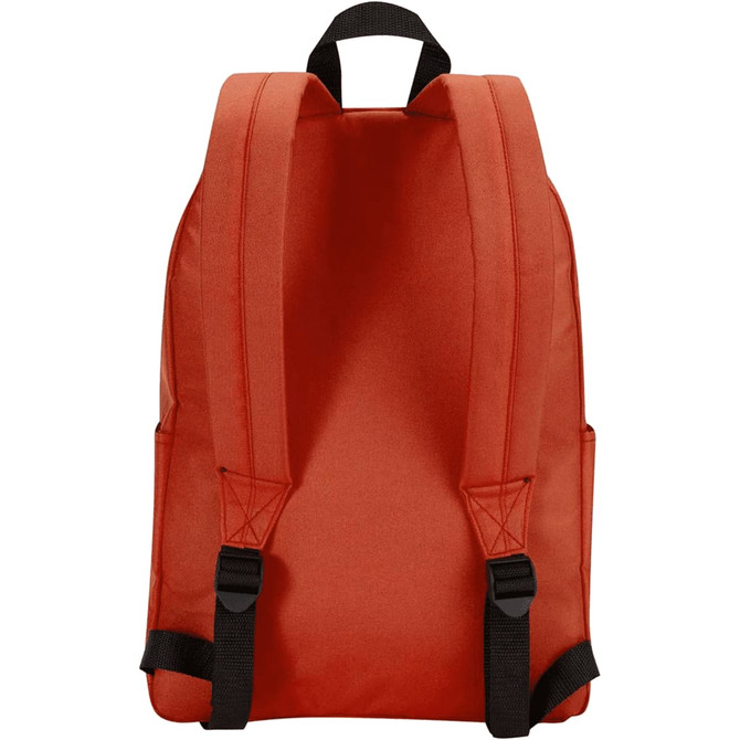 A red laptop backpack with adjustable straps, featuring side pockets and a branding logo.