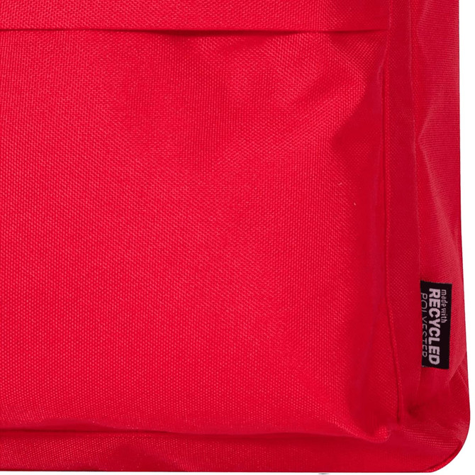 A red recycled fabric laptop backpack featuring a textured surface and a branding label.