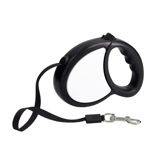A black retractable dog lead with a handle and a clip for attachment. The lead has a solid casing and a nylon strap.