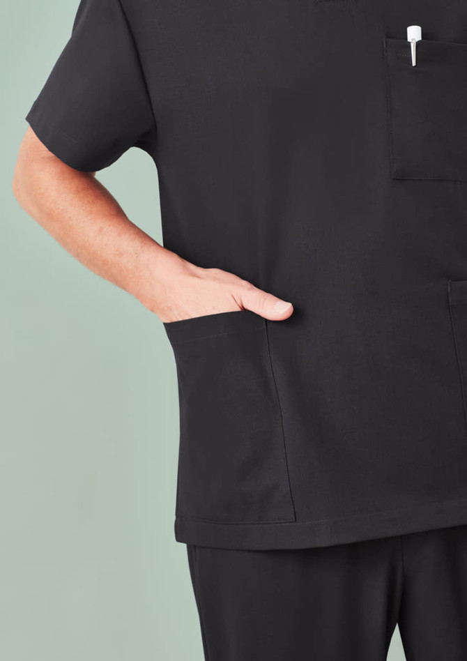 A black unisex V-neck scrub top with a front pocket, featuring a small pencil holder.