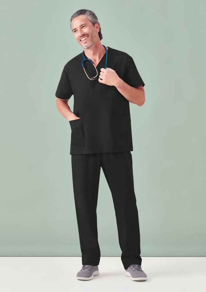 A black unisex V-neck scrub top with a pocket, worn by a man with a stethoscope around his neck.