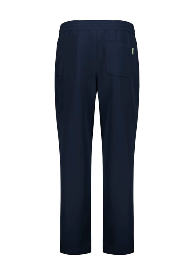 A pair of unisex straight leg scrub pants in navy blue, featuring pockets and an understated design.