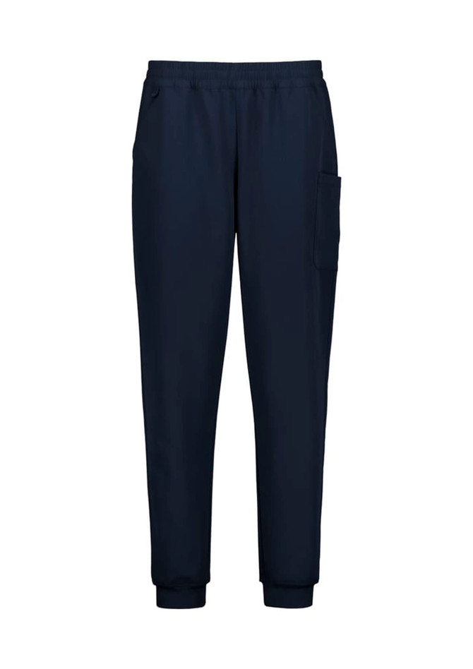 Navy jogger scrub pants featuring an elastic waistband and side pockets, with a logo on the side.