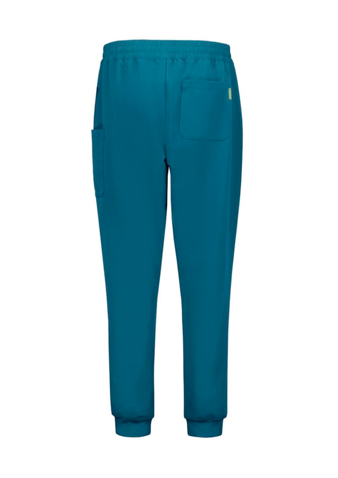 A pair of women's jogger scrub pants in teal, featuring an elastic waistband and two side pockets.