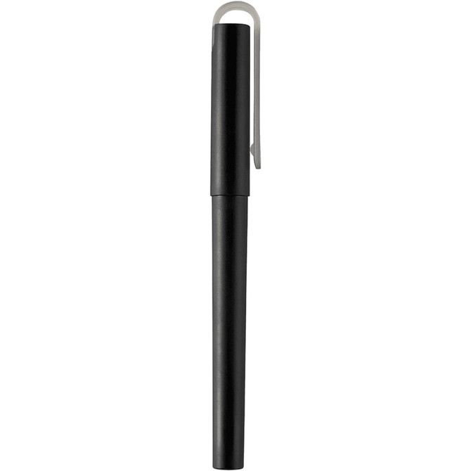 A black gel rollerball pen made from recycled PET, featuring a clip for easy attachment.