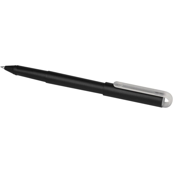 A black gel rollerball pen with a white clip and logo. The pen is designed for smooth writing.