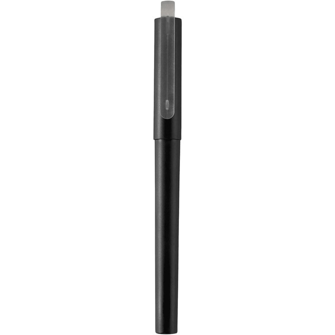 A black gel rollerball pen featuring a transparent cap and a branding logo on the barrel.