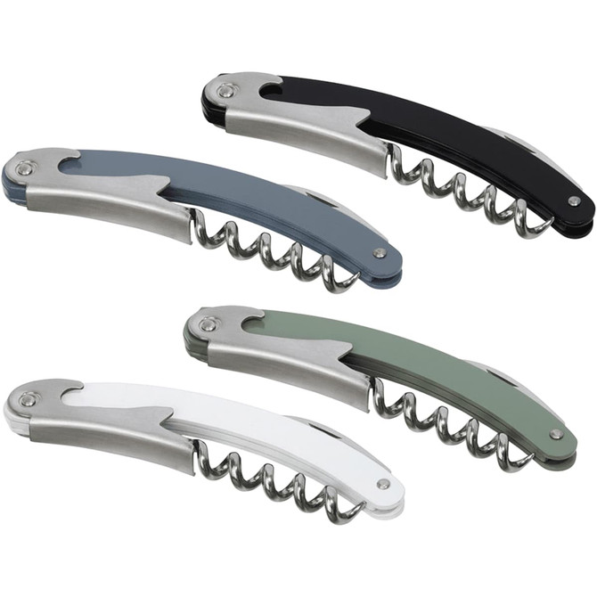 A set of four waitress knives in black, blue, green, and white, featuring a corkscrew and stainless steel accents.