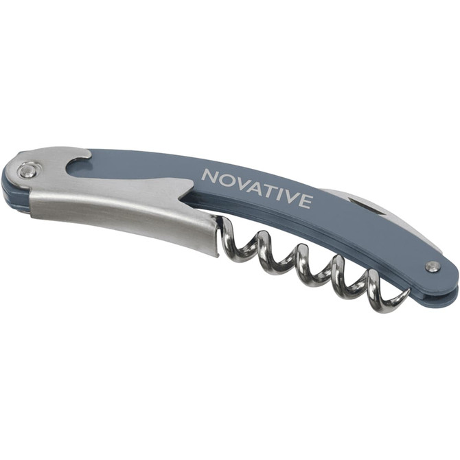 A blue waitress knife featuring a silver corkscrew and a clip, with a logo on one side.