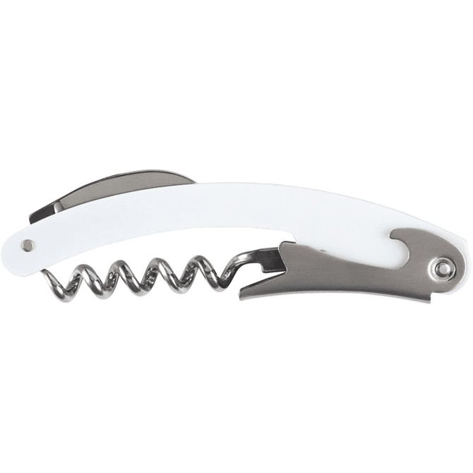 A white waitress knife with a silver corkscrew and a built-in bottle opener. It features a sleek design and logo.