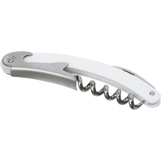 A white and stainless steel waitress knife with a corkscrew and bottle opener. It features a sleek design and a logo.