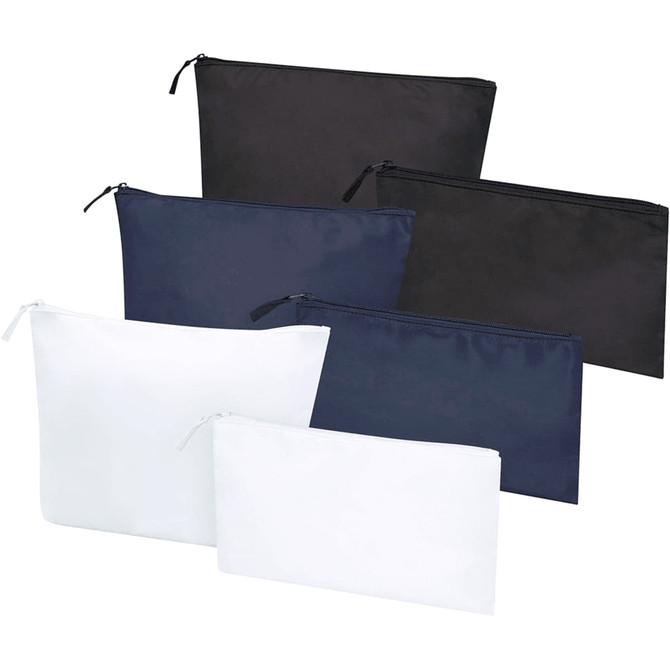 A set of six toiletry bags in black, navy, and white, varying in size with zip closures and a logo.