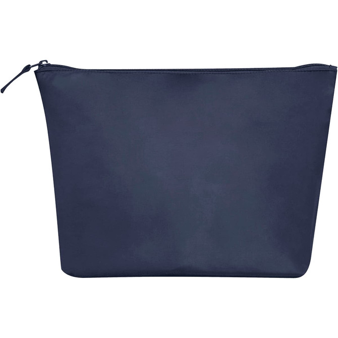 A dark blue toiletry bag with a zip closure, featuring a simple design and a logo.