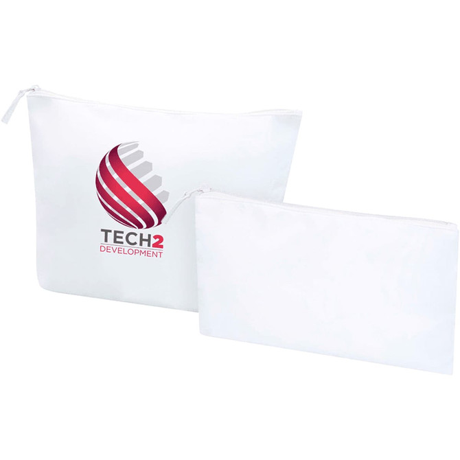 A set of two white toiletry bags, one large and one small, featuring a logo on the front.