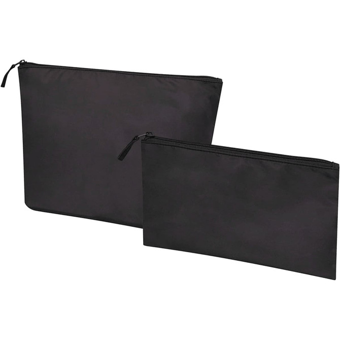 A black recycled toiletry bag set featuring a large and a small zippered pouch. Both bags have a logo.