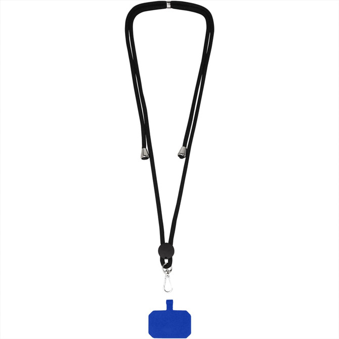 A black phone lanyard featuring a blue attachment with a clip at the end. It has a branding logo.
