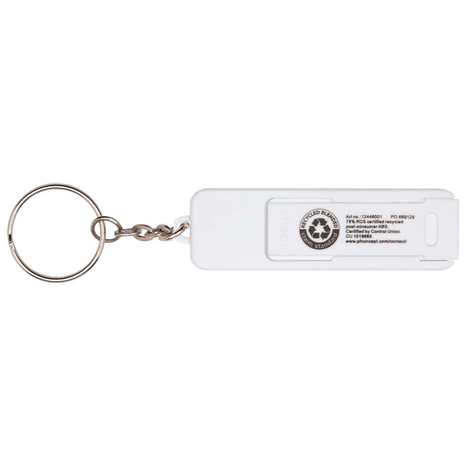A white plastic phone stand with a keyring, featuring a fidget toy and a logo on one side.