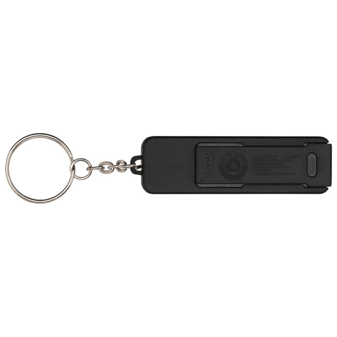 A black keychain with a rectangular body and a circular attachment ring. It features a logo on one side.