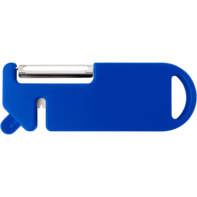 A blue multi-purpose kitchen tool featuring a peeler blade and a ergonomic design with a handle. It has a logo.
