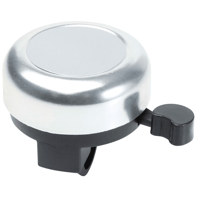 A silver bicycle bell with a black lever for mounting. It features a smooth, round surface.
