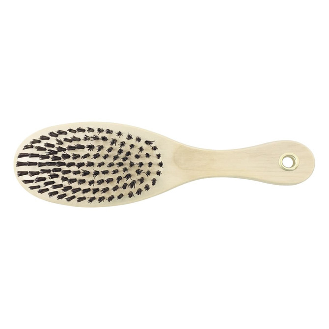 A pet grooming brush with a wooden handle and black bristles, featuring a rounded shape and a small hole for hanging.