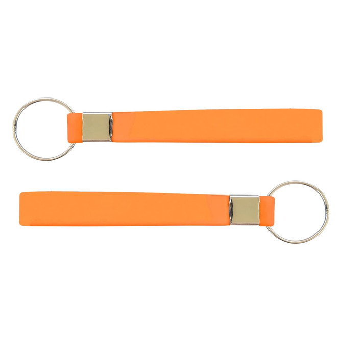 An orange silicone strap keytag with a metal ring attachment, presented from two angles.