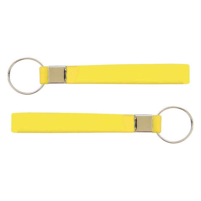 A bright yellow silicone strap keytag with a metal ring, featuring a sleek, minimalist design.