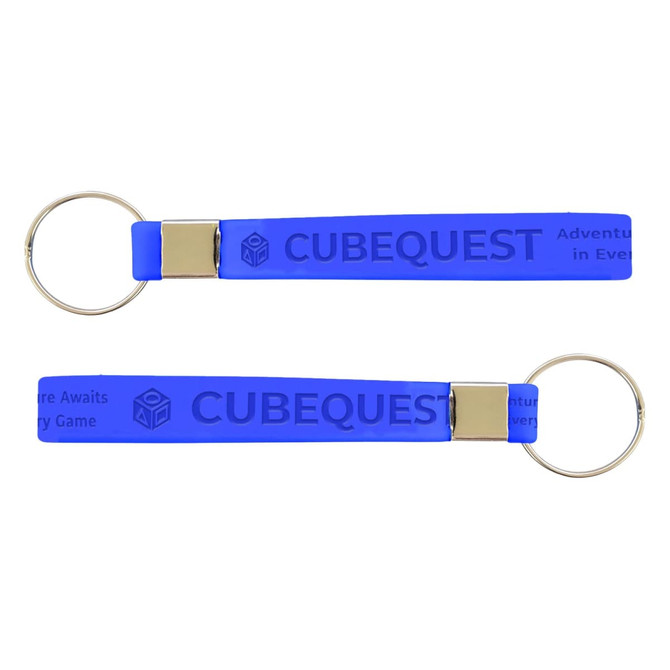 A blue silicone strap keytag with a metal clasp and a logo. Features a smooth, flexible design.
