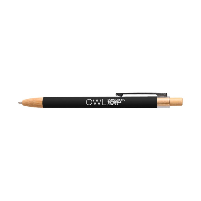 A black and gold pen featuring a wooden accent and a branding logo.