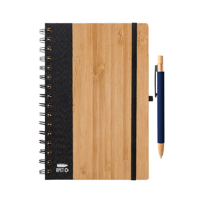 A bamboo notebook with a dark cover and spiral binding, accompanied by a blue pen. Includes a branded logo.
