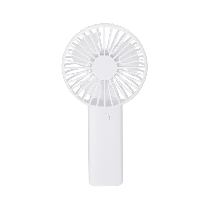 A portable white fan with a circular design and a handle. It includes a small logo on the side.