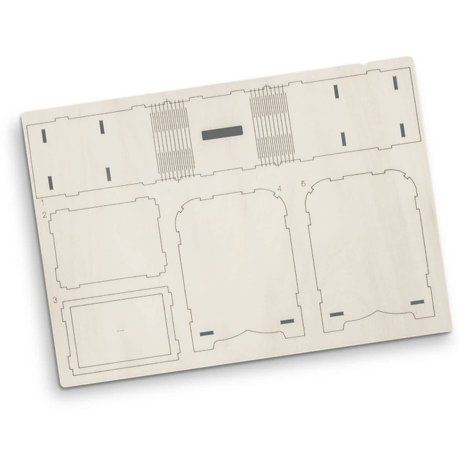 A wooden model money box kit featuring various cut-out pieces in a light wood colour. Includes a logo.