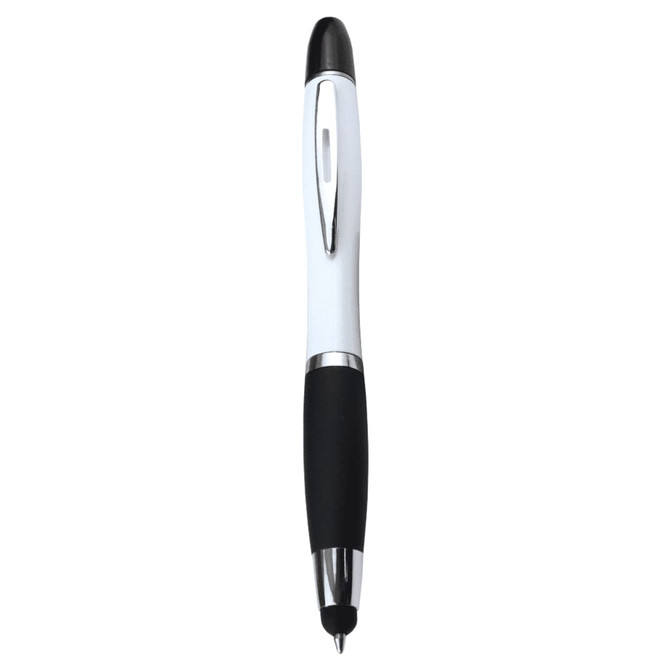 A ballpoint pen with a white barrel, black grip, and chrome accents. It features a branding logo.