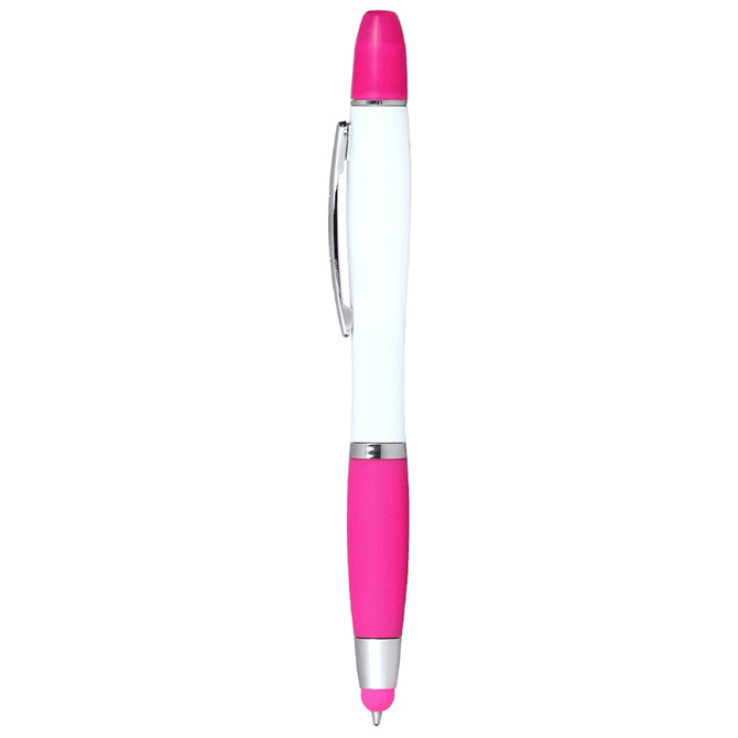 A pink ballpoint pen with a white body and a pink highlighter tip and grip, featuring a decorative logo.
