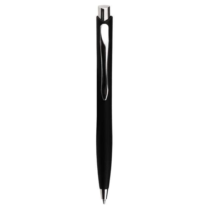 A black ballpoint pen with a sleek design and a silver clip, featuring a logo on the barrel.