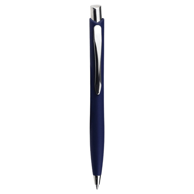 A navy ballpoint pen with a sleek design and a silver clip, featuring a logo.