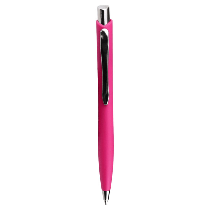 A pink ballpoint pen with a shiny silver clip and a sleek design, featuring a branding logo.