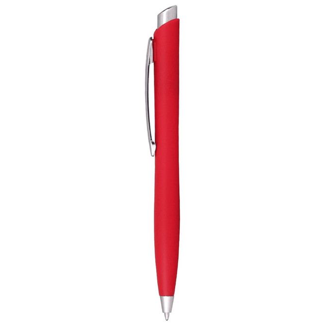 A red ballpoint pen with a silver clip, featuring a smooth grip and click action mechanism.