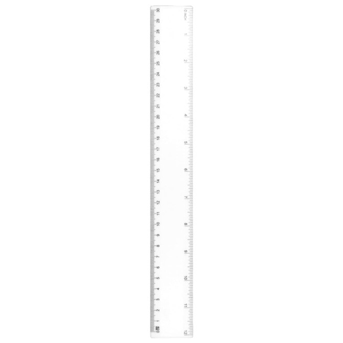 A transparent 30cm ruler with measurement markings in millimetres and centimetres. It features a logo at one end.