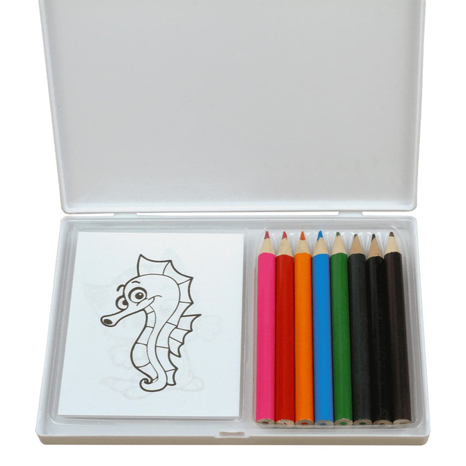 A colouring set featuring a seahorse outline and eight coloured pencils in various shades, packaged in a clear case.