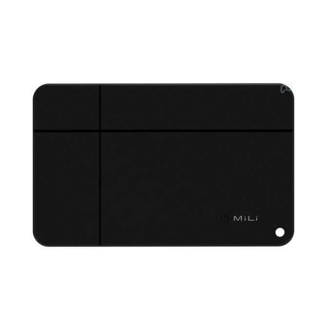 A black tracking tag with a sleek design, featuring a logo and a hole for attachment.