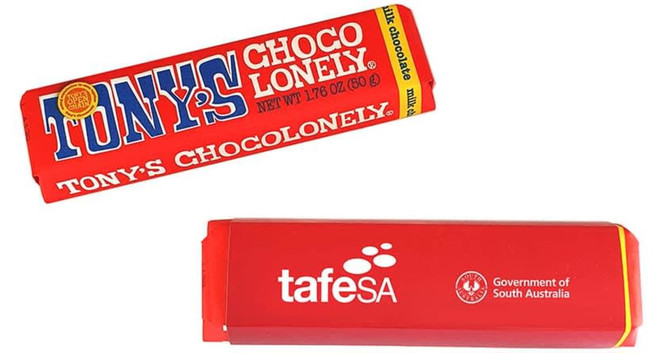A red chocolate bar sleeve featuring branding, containing Tony's Chocolonely 50g chocolate.