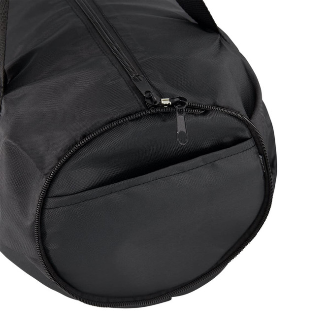 A black duffle bag with a zippered closure and a rounded bottom. It features a simple design and a logo.
