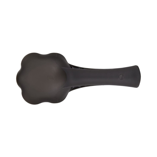 A black pet food scoop with a rounded, flower-shaped scoop end and a long handle.