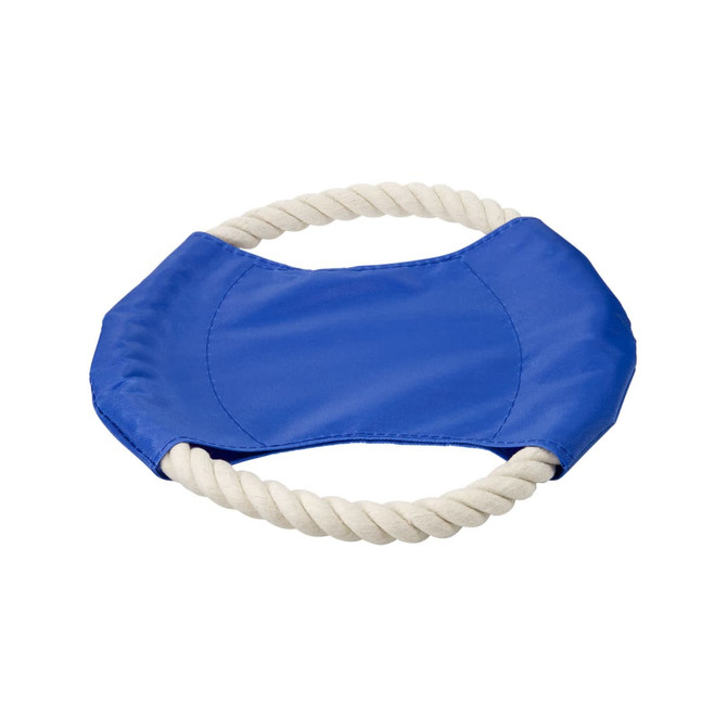A blue dog toy featuring a fabric centre with a white rope handle. It has a simple, rounded shape and a logo.
